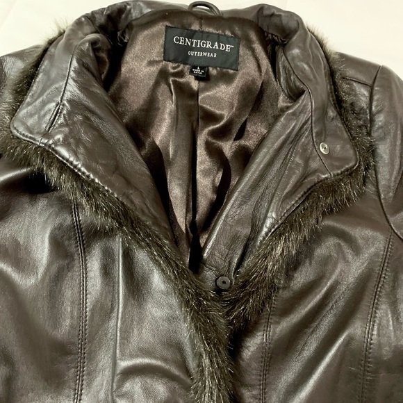 π» Very Chic Genuine Leather Coat, Full Knee Length, Fur Trim, Brown. L, Large - Picture 5 of 12